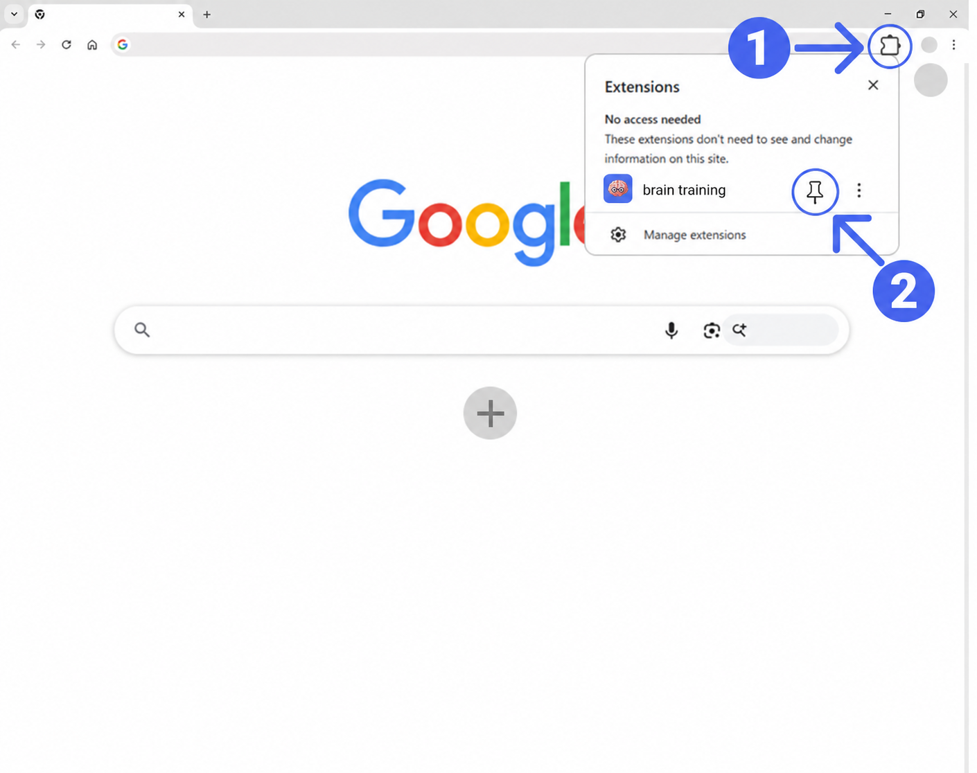 Steps 1 and 2: open the extensions menu and pin brain training